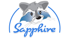 Roynon Racoon mascot head with blue half circle with the word Sapphire in blue at the bottom 
